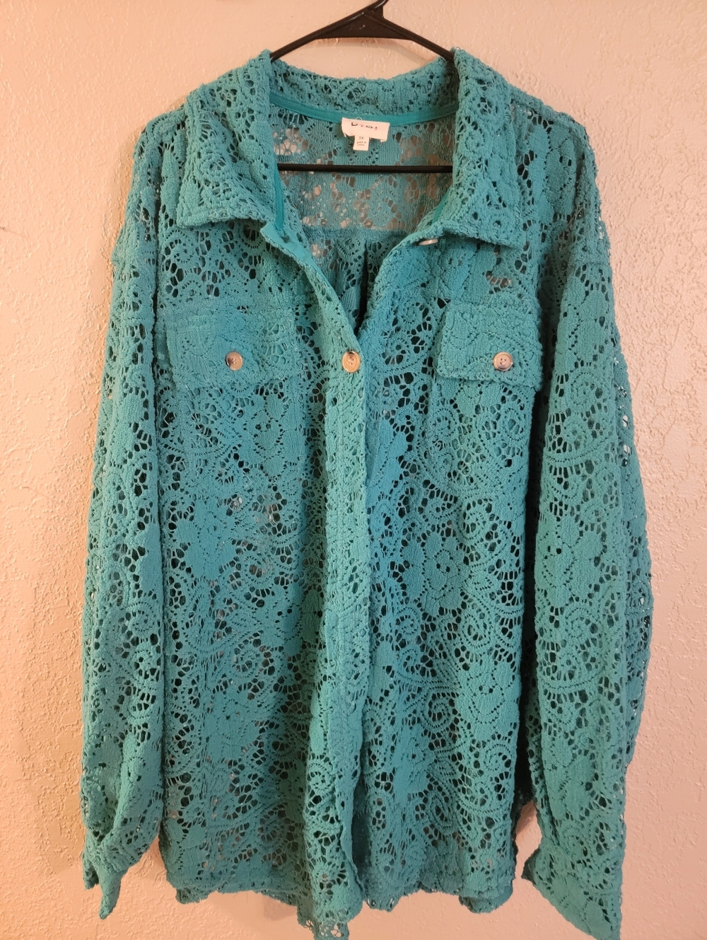 BiBi Turquoise Crochet Lace Button-Down Shirt